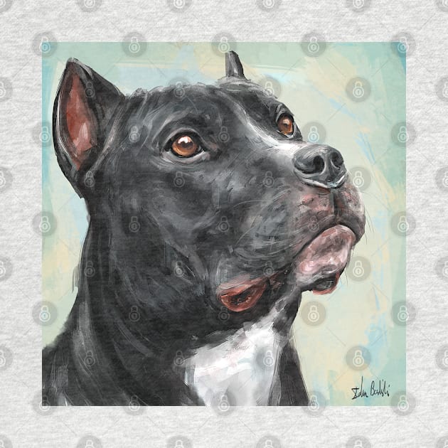 Painting of a Black Pit Bull Looking into the Horizon, on light Blue Yellow Background by ibadishi